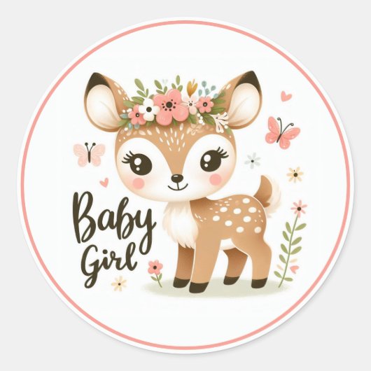 Schattige Baby Meisje Fawn met Vlinders en Bloemen Ronde Sticker (Voorkant)