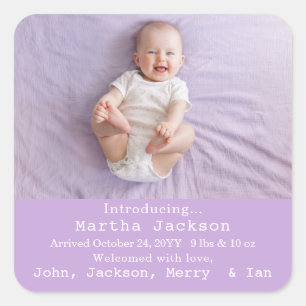 Schattige Baby Meisje Foto Geboorte Aankondiging Vierkante Sticker