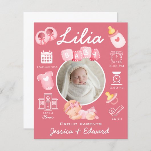 Schattige Baby Meisje Geboorte Stats Roze Pasgebor (Voorkant / Achterkant)