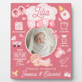 Schattige Baby Meisje Geboorte Stats Roze Pasgebor Fotoplaat