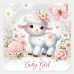 Schattige Baby Meisje Lamb met Bloemen en Vlinders Vierkante Sticker