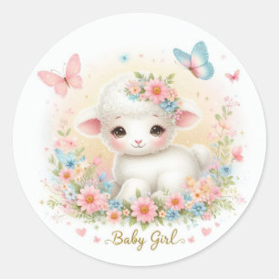 Schattige Baby Meisje Lamb, Vlinders en Bloemen Ronde Sticker