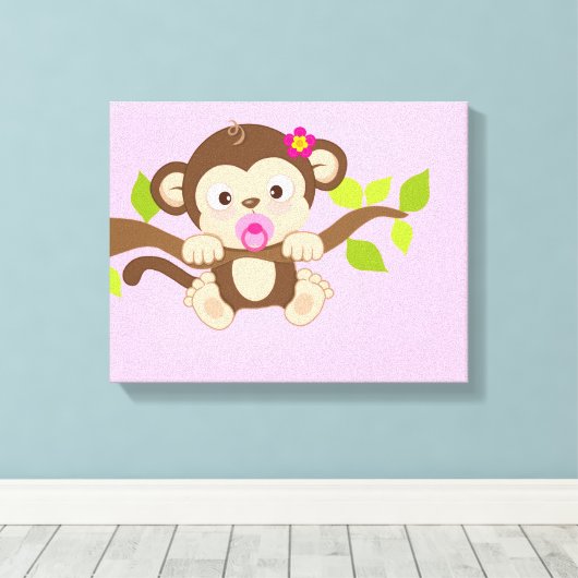Schattige Baby Meisje Monkey Canvas Prints (Insitu (Houten vloer))