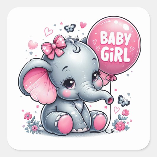 Schattige Baby Meisje Olifant met Bloemen, Harten Vierkante Sticker (Voorkant)