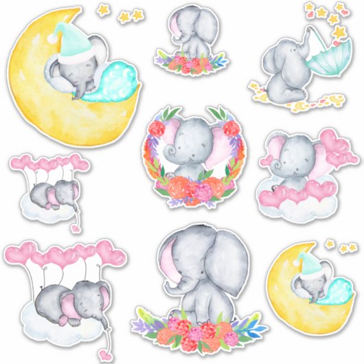 Schattige Baby Meisje Olifanten Set van 9 Vinyl Sticker (Voorkant)