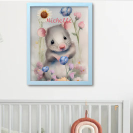 Schattige baby muis pastel waterverf lente bloemen poster