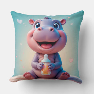 Schattige Baby Nijlpaard met Flesje in Nurserystij Kussen