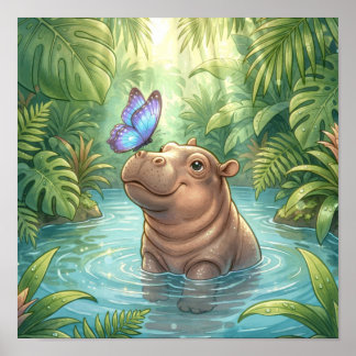 Schattige Baby Nijlpaard met Vlinder Jungle Nurser Poster