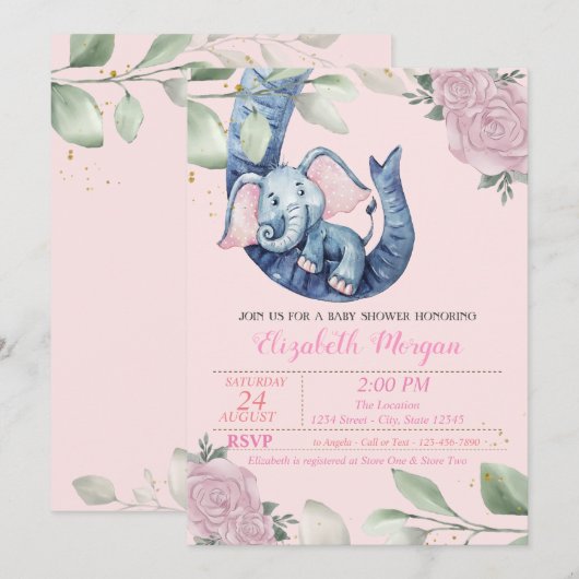 Schattige Baby olifant, bladeren, Florenz Baby sho Kaart (Voorkant / Achterkant)