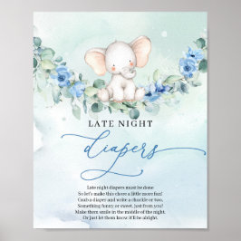 Schattige baby olifant blauw Late Night Luiers spe Poster