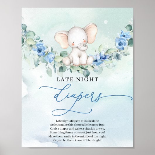 Schattige baby olifant blauw Late Night Luiers spe Poster (Voorkant)