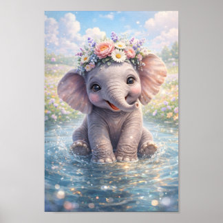 Schattige Baby Olifant Bloemenkroon Water Spetter Poster