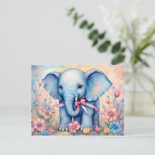 Schattige Baby olifant in een pasteltuin Briefkaart (Staand voorkant)