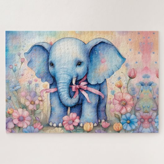 Schattige Baby olifant in een pasteltuin Legpuzzel (Horizontaal)