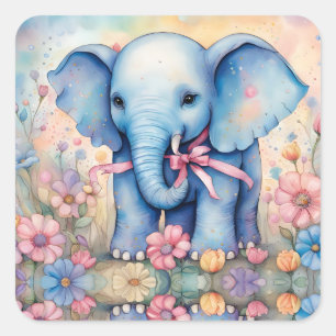 Schattige Baby olifant in een pasteltuin Vierkante Sticker