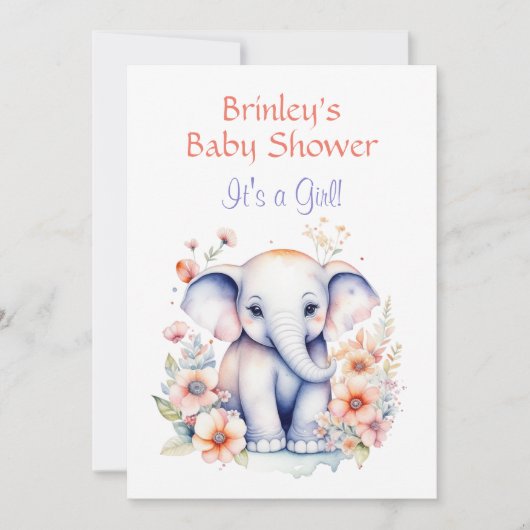 Schattige Baby Olifant Meisje Baby Shower  Kaart (Voorkant)