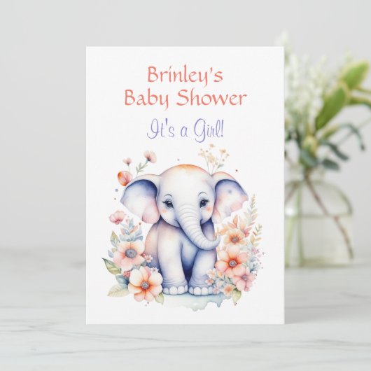 Schattige Baby Olifant Meisje Baby Shower  Kaart (Staand voorkant)
