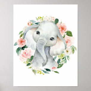 Schattige Baby Olifant Meisje Bloemen Poster