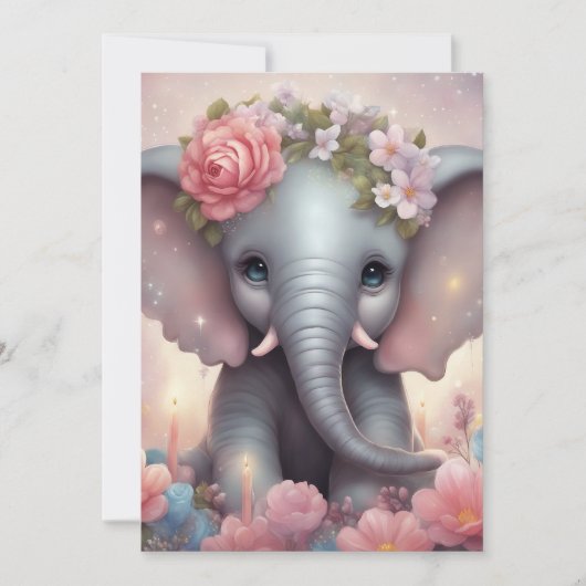 Schattige Baby Olifant met Bloemen Feestdagenkaart (Voorkant)