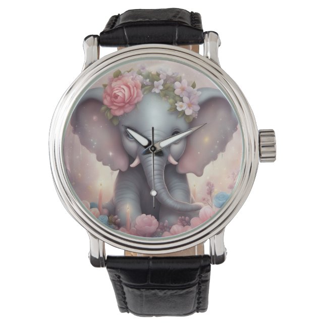 Schattige Baby Olifant met Bloemen Horloge (Voorkant)