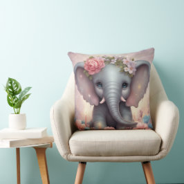 Schattige Baby Olifant met Bloemen Kussen
