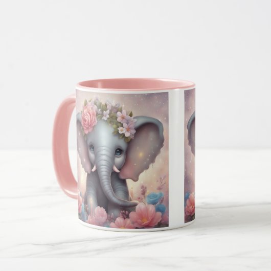 Schattige Baby Olifant met Bloemen Mok (Voorkant links)