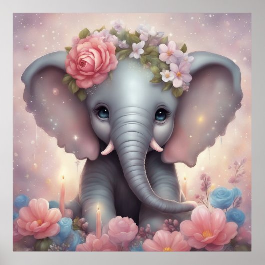 Schattige Baby Olifant met Bloemen Poster (Voorkant)