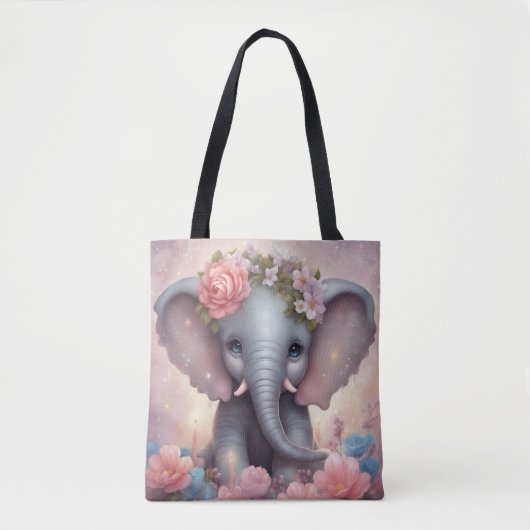 Schattige Baby Olifant met Bloemen Tote Bag (Voorkant)