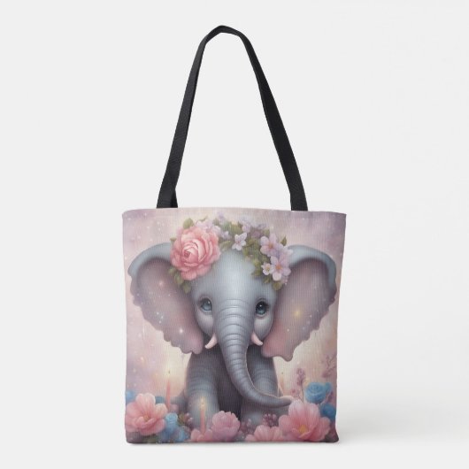 Schattige Baby Olifant met Bloemen Tote Bag (Achterkant)