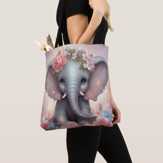 Schattige Baby Olifant met Bloemen Tote Bag (Dichtbij)