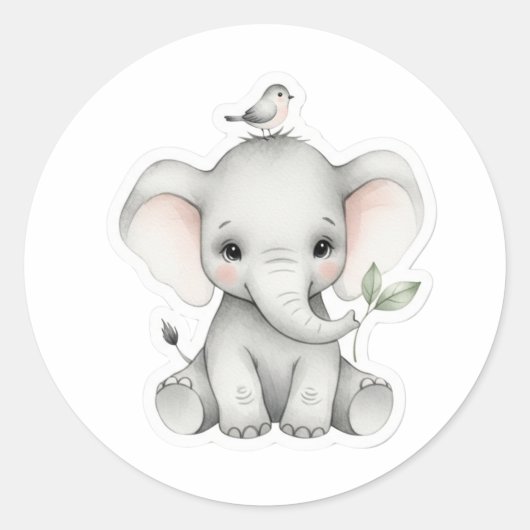 Schattige Baby olifant met vogel en blad Ronde Sticker (Voorkant)