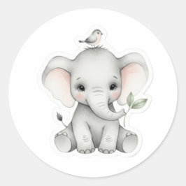 Schattige Baby olifant met vogel en blad Ronde Sticker