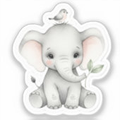 Schattige Baby olifant met vogel en blad Sticker (Voorkant)