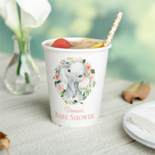 Schattige Baby Olifant Roze Bloemen Baby shower Papieren Bekers