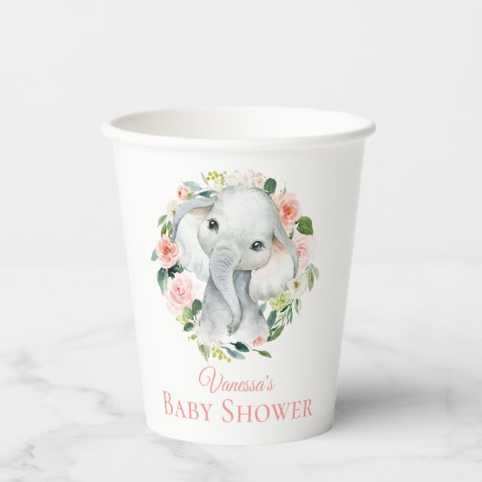 Schattige Baby Olifant Roze Bloemen Baby shower Papieren Bekers (Voorkant)