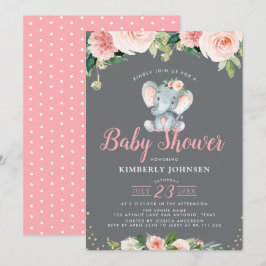 Schattige baby olifant roze bloemenbaby shower kaart