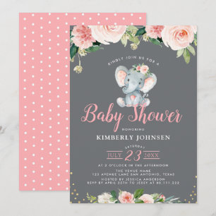 Schattige baby olifant roze bloemenbaby shower kaart