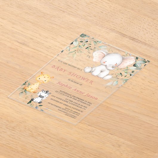 Schattige Baby Olifant Vrienden Safari Meisje Baby Acryl Uitnodigingen (Laagn)