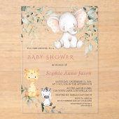 Schattige Baby Olifant Vrienden Safari Meisje Baby Acryl Uitnodigingen (Voorkant)
