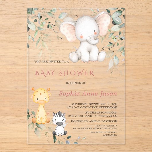 Schattige Baby Olifant Vrienden Safari Meisje Baby Acryl Uitnodigingen (Voorkant)