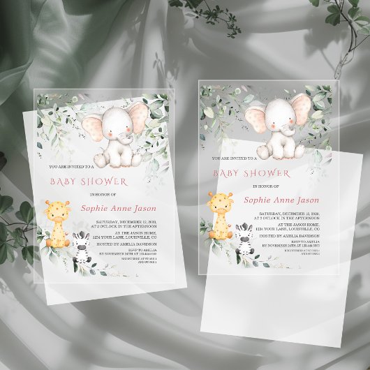 Schattige Baby Olifant Vrienden Safari Meisje Baby Acryl Uitnodigingen