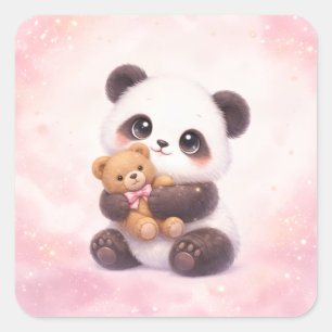 Schattige baby panda die teddybeer omhelst vierkan vierkante sticker