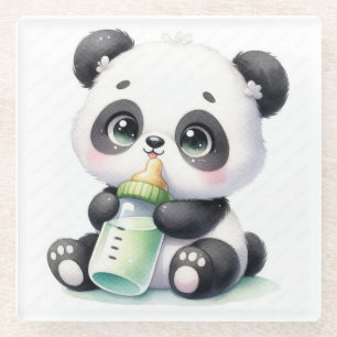 Schattige baby panda met melkfles coaster Kawaii Glazen Onderzetter