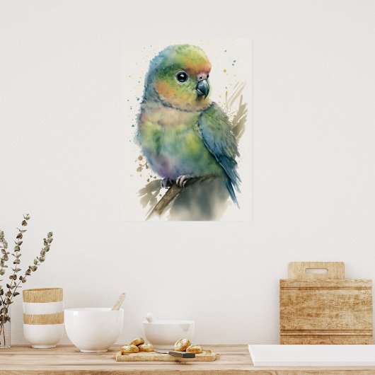 Schattige Baby Parrot Waterverf Nursery Poster (Keuken)