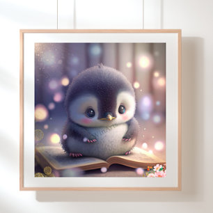 Schattige baby pinguïn die een boek leest Kunst Ki Poster