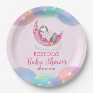 Schattige Baby Pinguïn Roze Baby Shower  Papieren Bordje