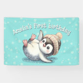 Schattige Baby Pinguïn Verjaardag Schattigee Water Spandoek (Horizontaal)