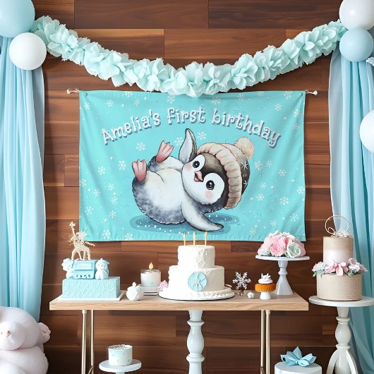 Schattige Baby Pinguïn Verjaardag Schattigee Water Spandoek