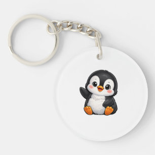 Schattige baby pinguïn zwaaiend cartoon karakter k sleutelhanger