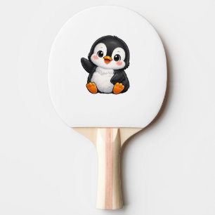 Schattige baby pinguïn zwaaiend cartoon karakter k tafeltennisbatje